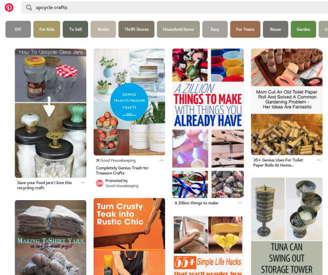 Screen capture of a Pinterest search for upcycle crafts